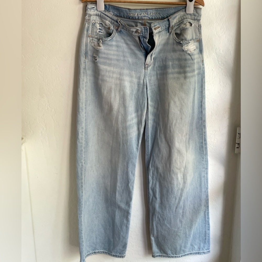 American Eagle Light Blue Distressed Jeans, low rise wide leg jeans